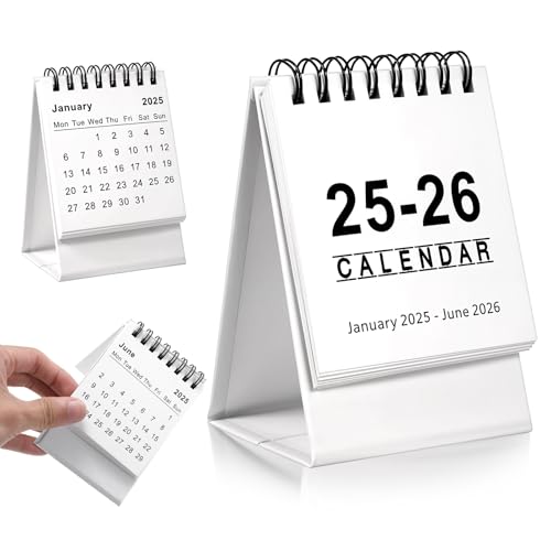 Ouligay Small Mini Desktop Calendar 2025-2026 Standing Flip Desk Calendar 2025.1-2026.6 Calendar for Home Office School White