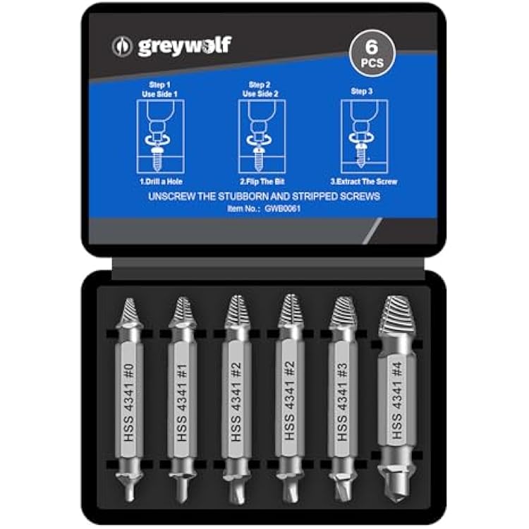 Greywolf 6 pcs Damaged Screw Extractor Set,Professional Grade Broken Bolt & Stripped Screw Remover Kit with Case,Hardened Steel Construction,Fits Drill & Hand Tools,DIY, Automotive, Plumbing Repair