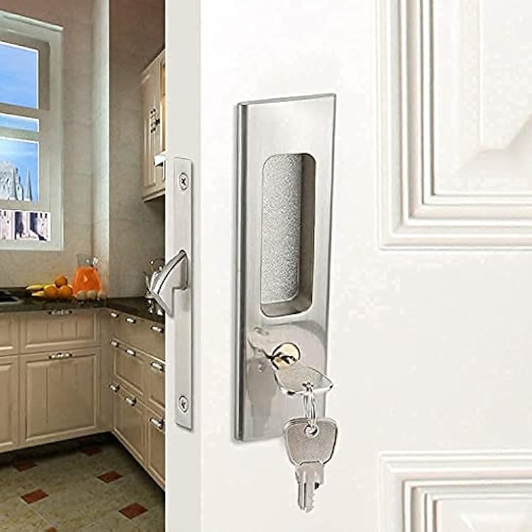 CCJH Sliding Door Lock Invisible Recessed Handle Latch with Keys for Pocket Door Barn Wood Door Interior Privacy Furniture Hardware Silver
