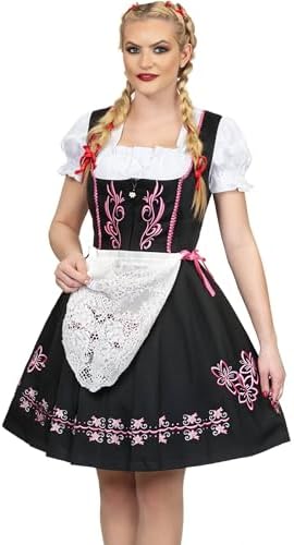Dirndl Trachten Haus 3 Piece Short German Dirndl Dress For Oktoberfest Black & Pink