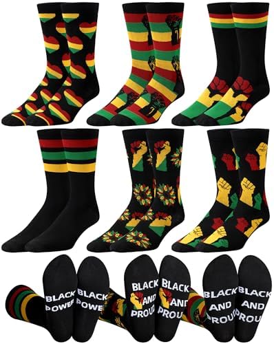 6 Pairs Juneteenth Socks for Men Novelty African Flag Crew Socks Black Power Pride Funny Holiday Gifts for African Men Juneteenth Party Favors