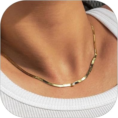 ChainsHouse Flat Snake Chain Herringbone Choker Necklace for Women, Stainless Steel/Rose Gold/18K Gold Plated Dainty Adjustable Simple Short Layered Necklaces, 12"/15"/18" with 3.5" Extender