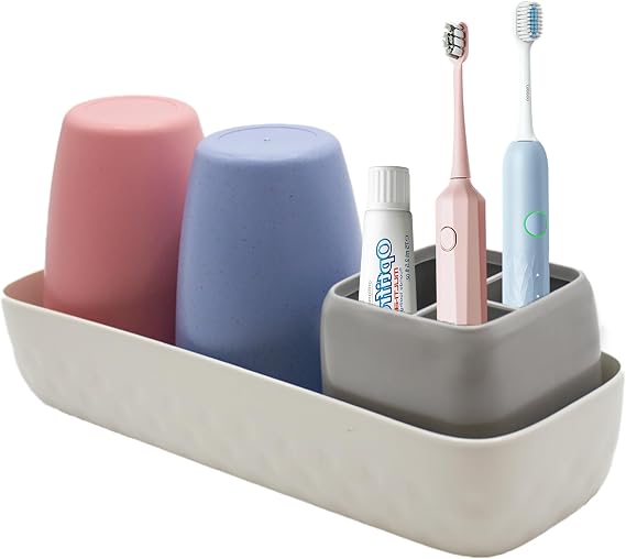 Kids Toothbrush Holder with Rinse Cups, Electric Toothbrush & Toothpaste Storage Holder, Bathroom Accessory Set for Home, Dorm and Hotel Use