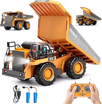 HuiJuKeJi Remote Control Dump Truck - 360 Rotating Metal Bed, 9-Channel RC Construction Toy for Indoor Outdoor Play, Rechargeable with Lights & Sounds, for Kids Ages 6+