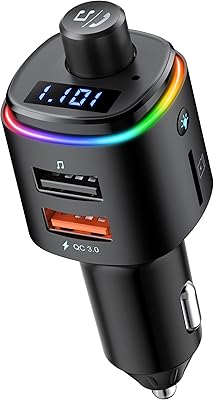 Nulaxy Bluetooth FM Transmitter, QC3.0 Fast Charge Bluetooth Car Adapter, Wireless Radio Car Kit with 7 Color LED Backlit, USB Flash Drive, microSD Card, Glossy Black