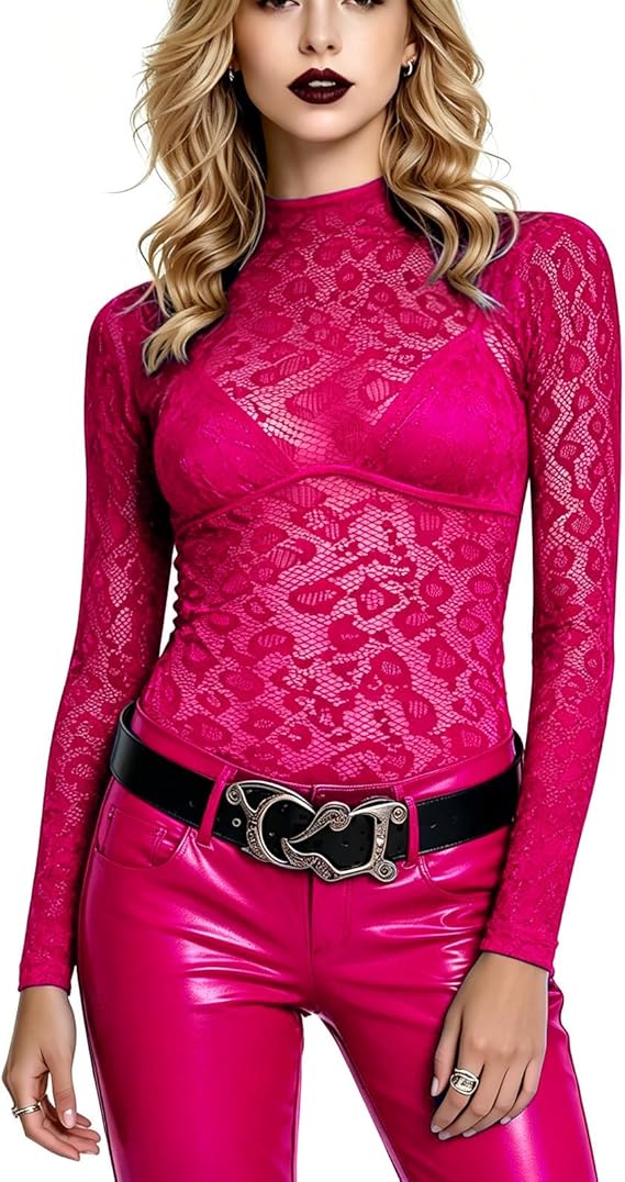 Women Sexy Leopard Print Lace Tops, Cheetah Patterned Long Sleeve Fishnet Mesh Bodycon Rave Party Shirts