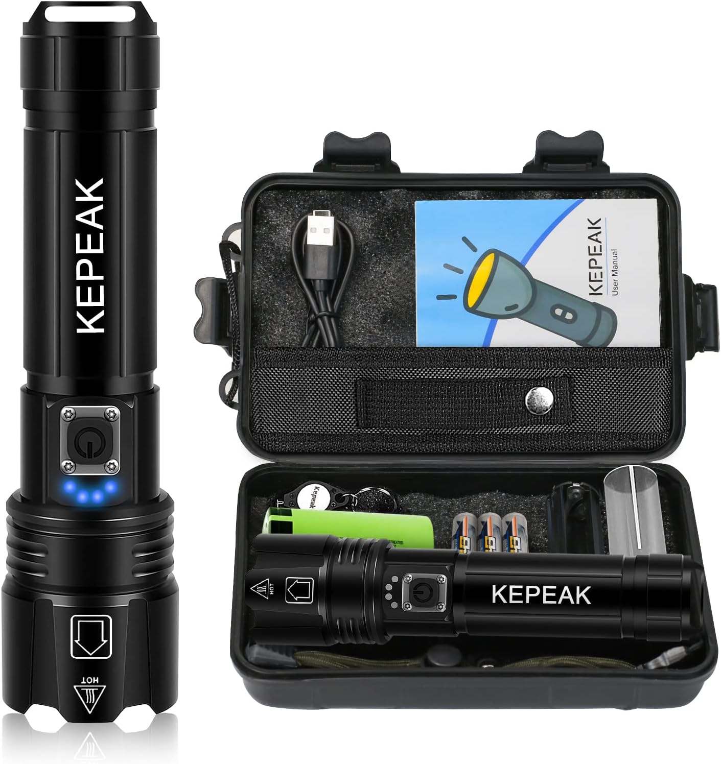 KEPEAK Flash Light, 5 Modes Rechargeable Flashlights, Super Bright LED Flash Lights, High Powered, Zoomable, Tactical Handheld Waterproof Flashlight for Camping, Emergency