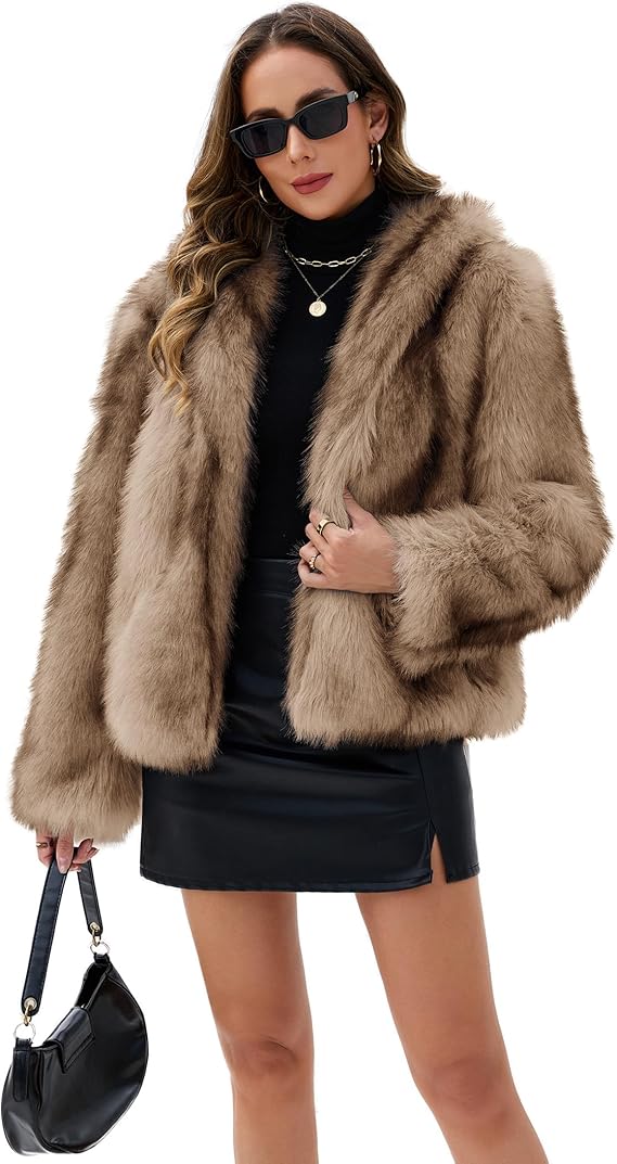 Womens Faux Fur Coats Long Sleeve Stand Collar Open Front Cardigan Top Fuzzy Coats Jacket Fluffy Outwear with Pockets