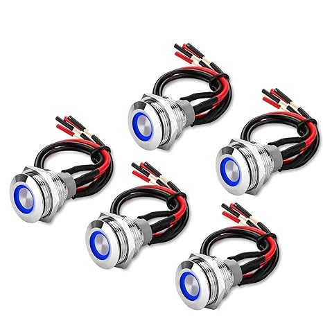 Linkstyle 5Pcs 19mm Latching Push Button Switch, 12V Metal Self Locking SPST ON-Off Switch with Wiring Harness & Blue Light for Boat Car