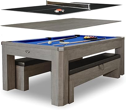 Hathaway Newport 7 Foot Pool Table Combo 3 in 1 Game Table with Reversable Table Tennis Top & Dining Top Includes Game Accessories & Two Benches Chrome Accents, Rustic Gray Finish, Blue Felt