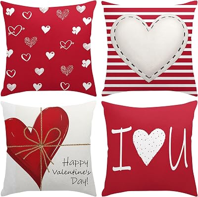 pretty_jessie Valentines Pillow Covers 20x20 Set of 4, I Love You Hearts Strips Happy Valentines Day Throw Pillow Covers for Couch Sofa Bed Indoor Outdoor Decorations