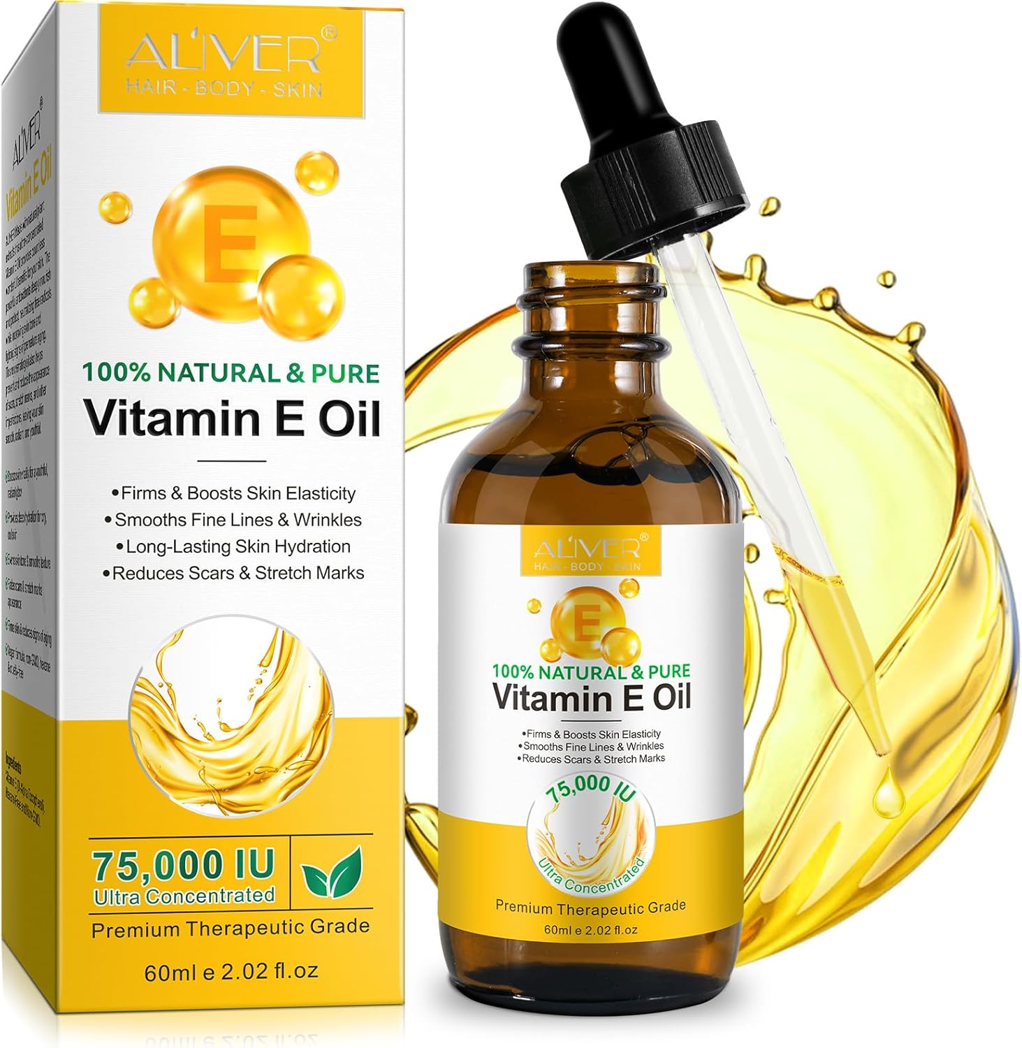 Organic Vitamin E Oil for Cosmetics - 75000 IU Ultra Concentrated 100% Natural & Pure Vitamin E Oil Long-Lasting Skin Hydration & Reduces Scars & Stretch Marks Vitamin E Oil Hexane-Free