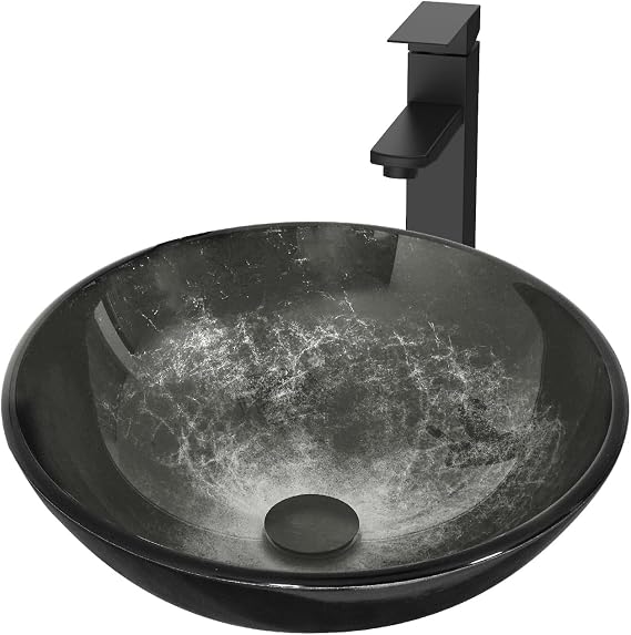 Bathroom Artistic Vessel Sink, Tempered Glass Vanity Round Bowl with Oil Rubber Bronze Faucet and Pop up drain Set, Black
