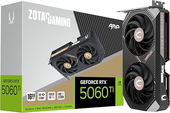 ZOTAC Gaming GeForce RTX 5060 Ti 16GB AMP DLSS 4 16GB GDDR7 128-bit 28 Gbps PCIE 5.0 Gaming Graphics Card, IceStorm 2.0 Cooling, White LED Lighting, ZT-B50620F-10M