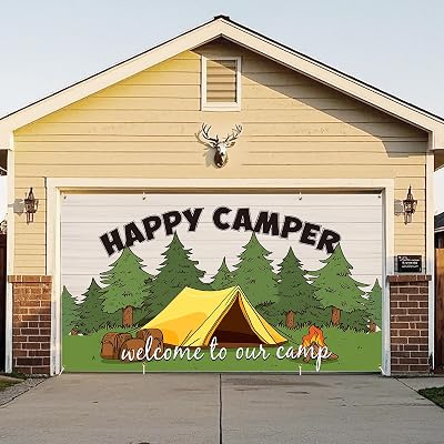 Camping Garage Door Cover Banner Decorations, Happy Camper Camp RV Themed Outdoor Car Garage Door Murals Buddy Decorations Backdrops Party Wall Decor Extra Large 16 X 7 Ft